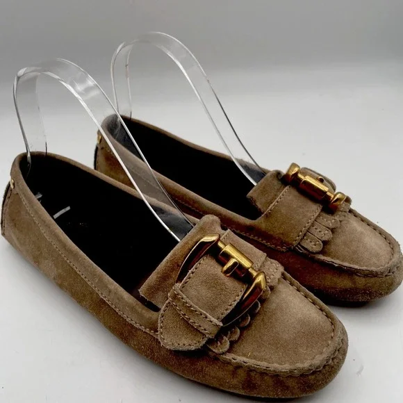 Burberry Shoes Women 6 Flats Driving Beige Loafer Leather Moccasin Buckle Strap - Picture 1 of 10